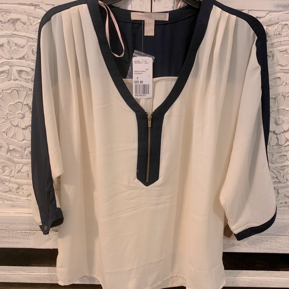 Forever21 Navy & Cream zipper detail blouse